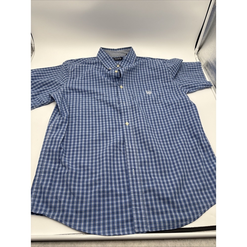 Chaps Easy Care Mens Button Up Shirt Size Medium Casual Blue Plaid Pattern